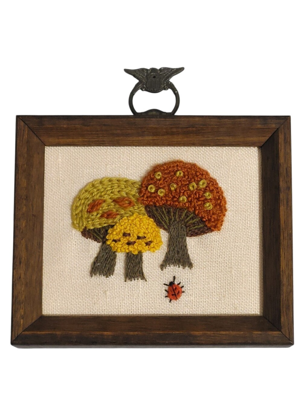 Vintage 70s Mushrooms Ladybug Framed Wall Art Crewel Embroidery Autumn Retro MCM
